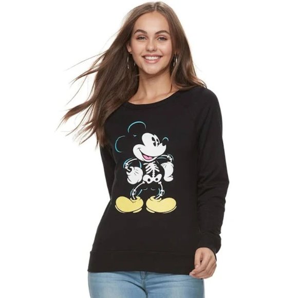 Disney Tops - Disney's Mickey Mouse Juniors' Skeleton Raglan Top, Black, Medium